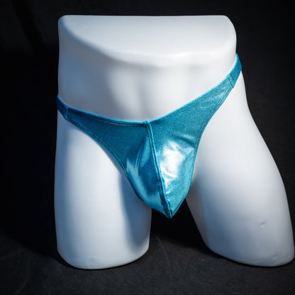 Men's metallic Hawaiian baby blue thong underwear, classic cut, front view.