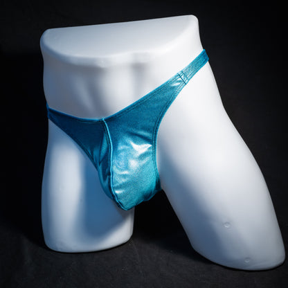 Men's metallic Hawaiian baby blue thong underwear, classic cut, front view.