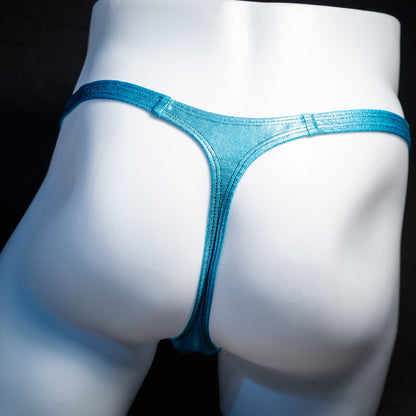 Men's metallic Hawaiian baby blue thong underwear, classic cut, rear view.