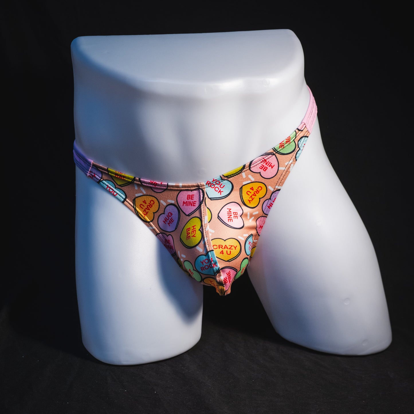 Men's Valentine Day Heart candies thong Underwear, Classic cut, full front view.