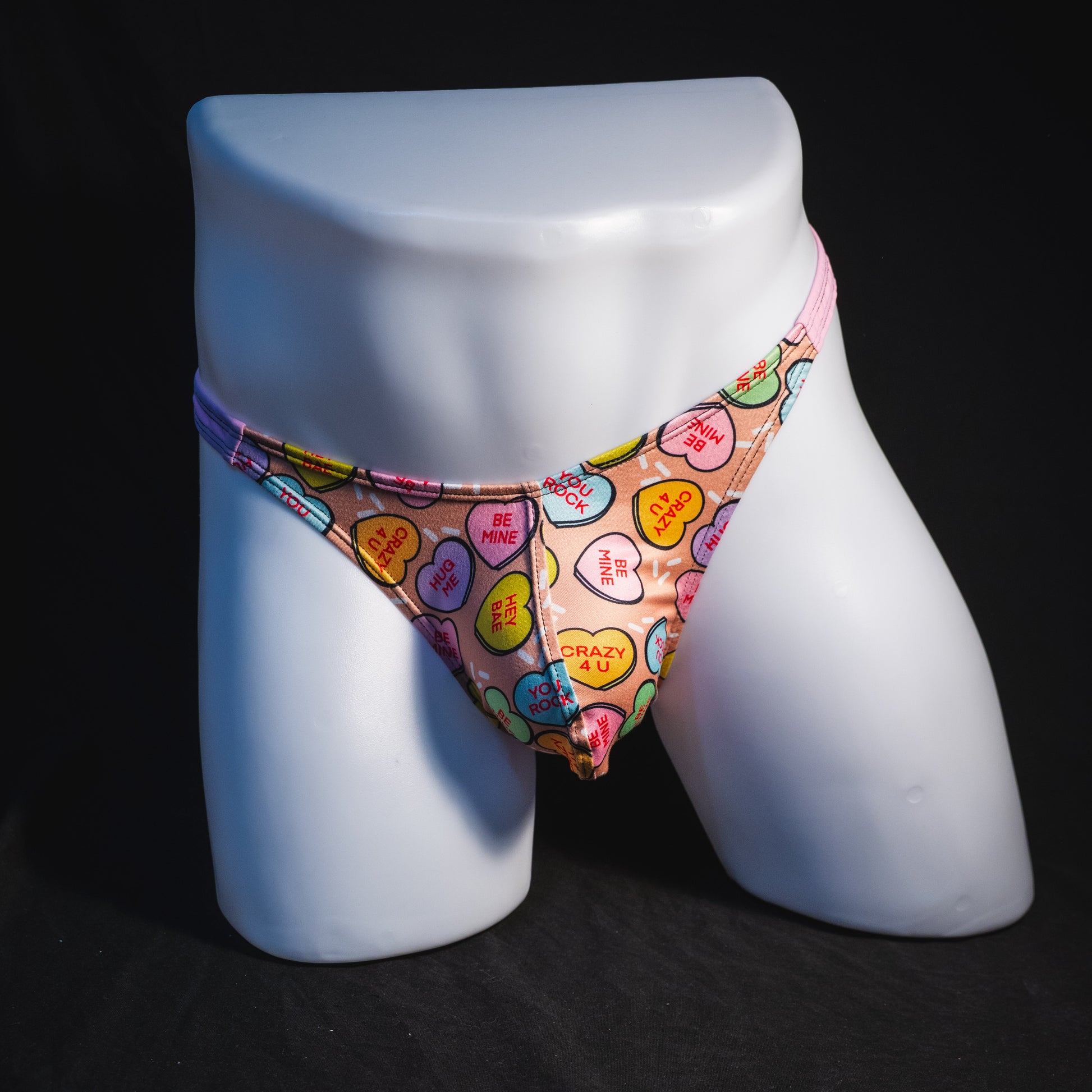 Men's Valentine Day Heart candies thong Underwear, Classic cut, full front view.