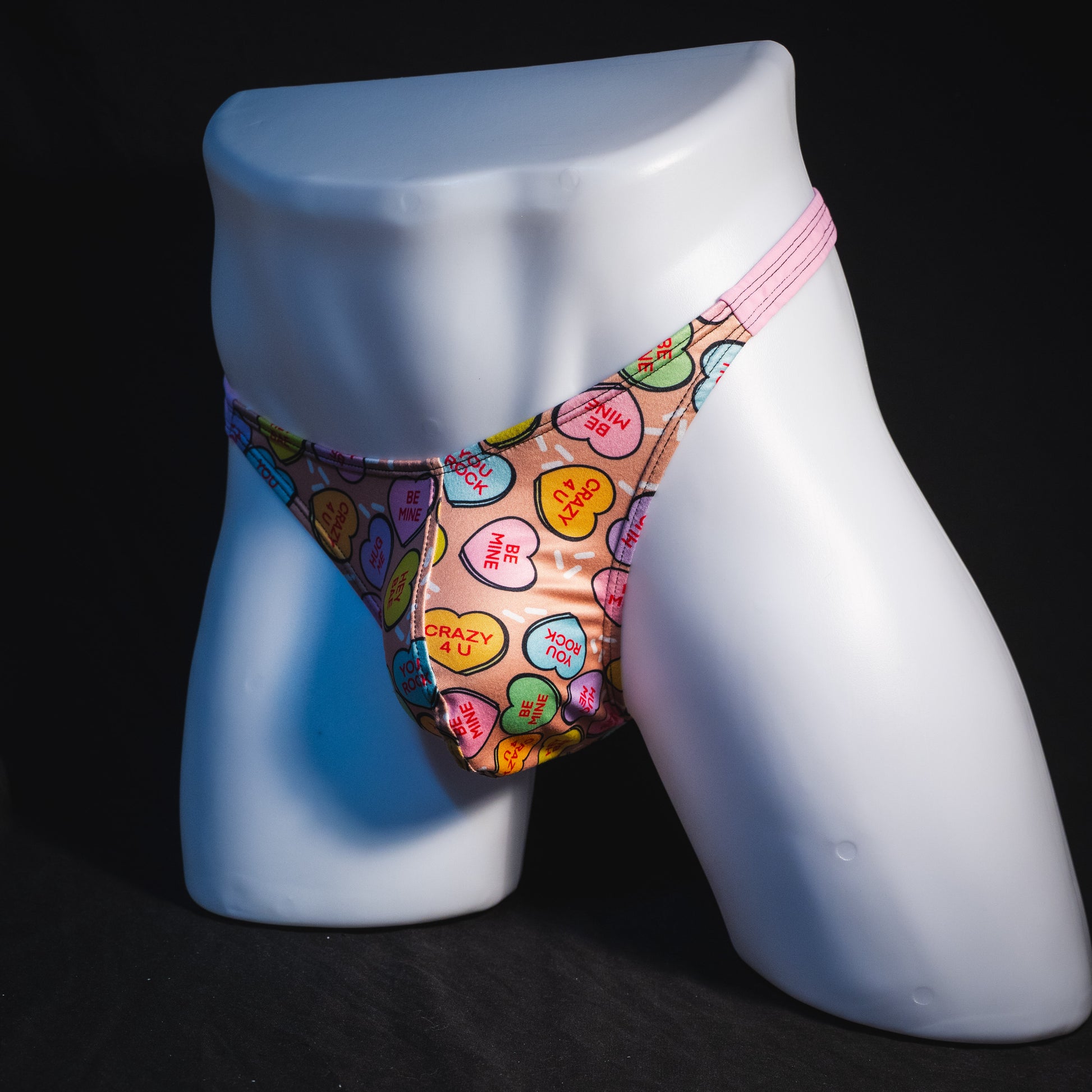 Men's Valentine Day Heart candies thong Underwear, Classic cut, full angled front view.