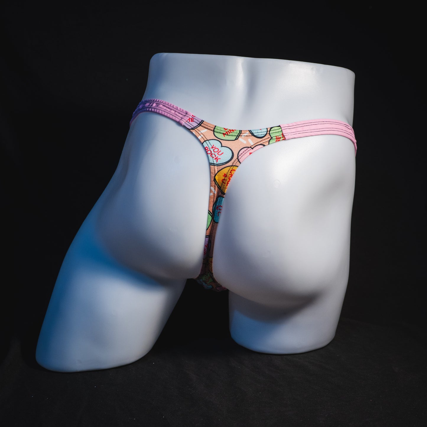 Men's Valentine Day Heart candies thong Underwear, Classic cut, full rear view.