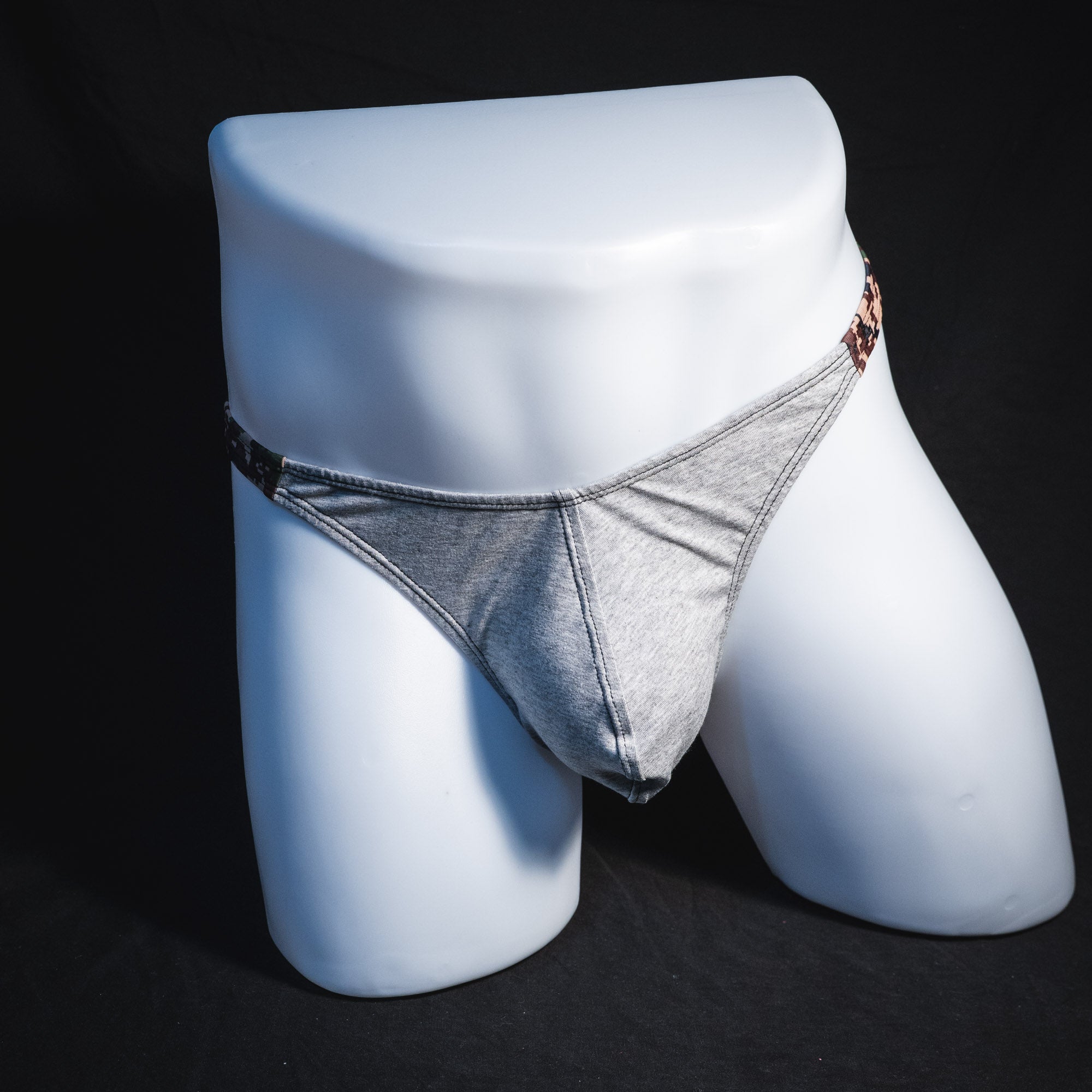 Men's Heather Gray with digital camo modal thong underwear, Classic cut, Full front view
