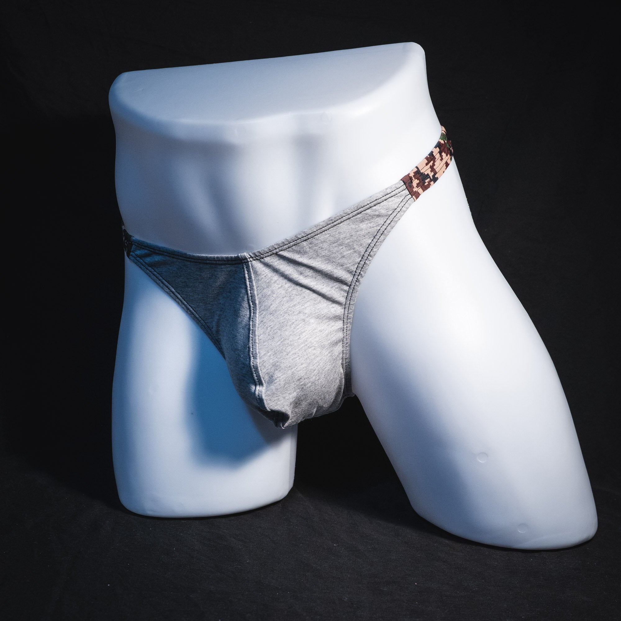 Men's Heather Gray with digital camo modal thong underwear, Classic cut, Full front angled view