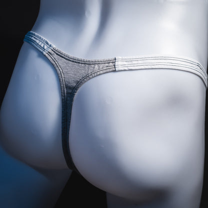 Men's heather gray and white modal thong underwear, classic cut, Angled rear view