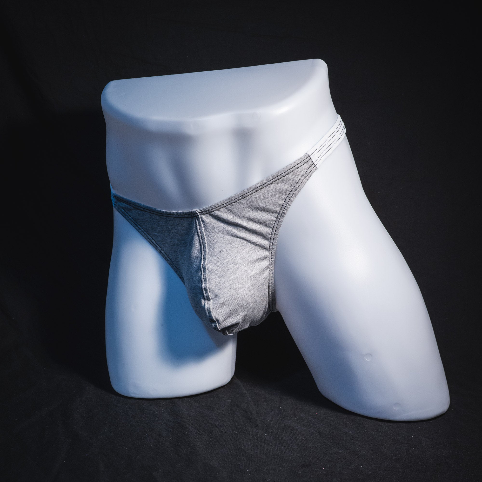 Men's heather gray and white modal thong underwear, classic cut, Full front angled view