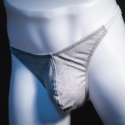 Men's heather gray and white modal thong underwear, classic cut, Front angled view