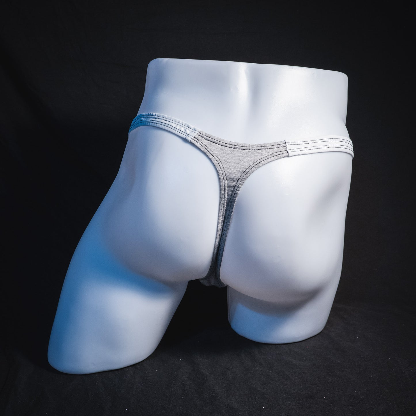 Men's heather gray and white modal thong underwear, classic cut, Full rear view