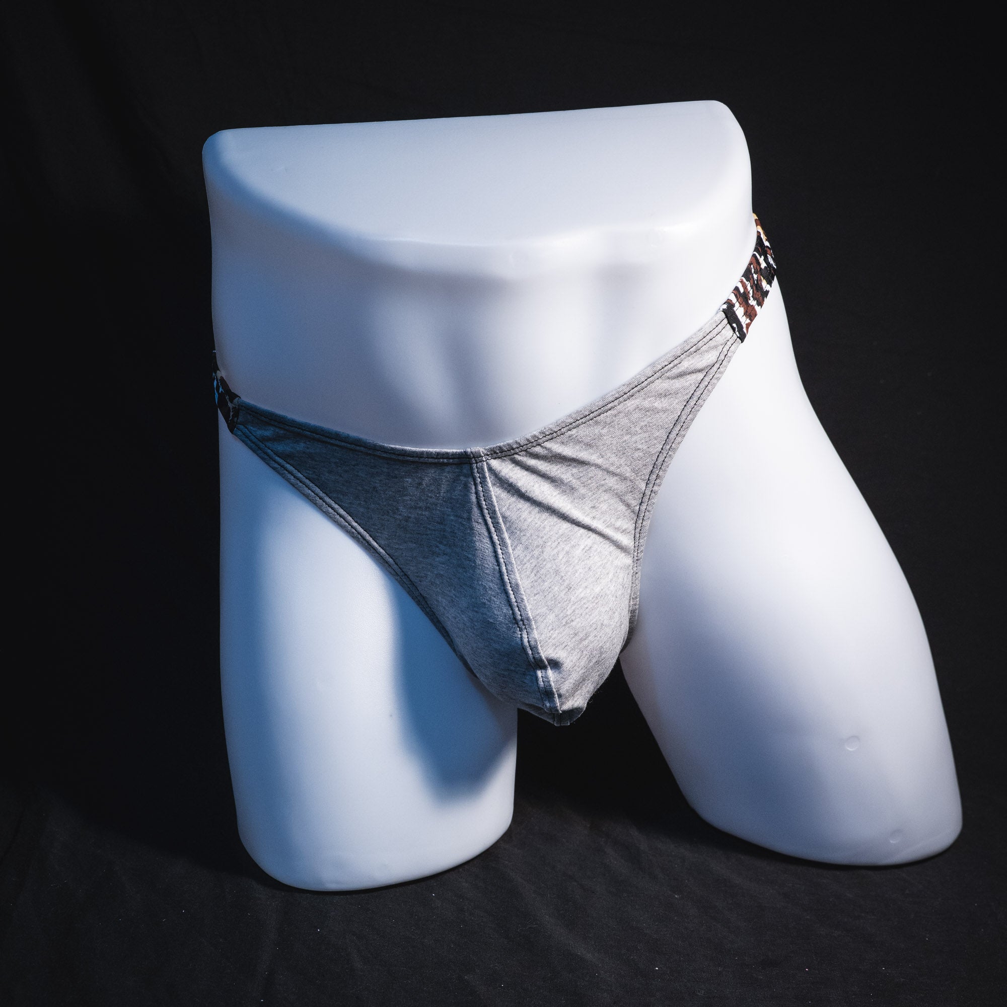 Men's Heather Gray and abstract leopard modal thong underwear, classic cut, Full front view