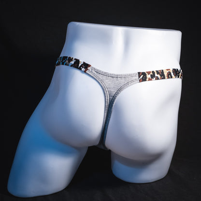 Men's Heather Gray and abstract leopard modal thong underwear, classic cut, Full rear view