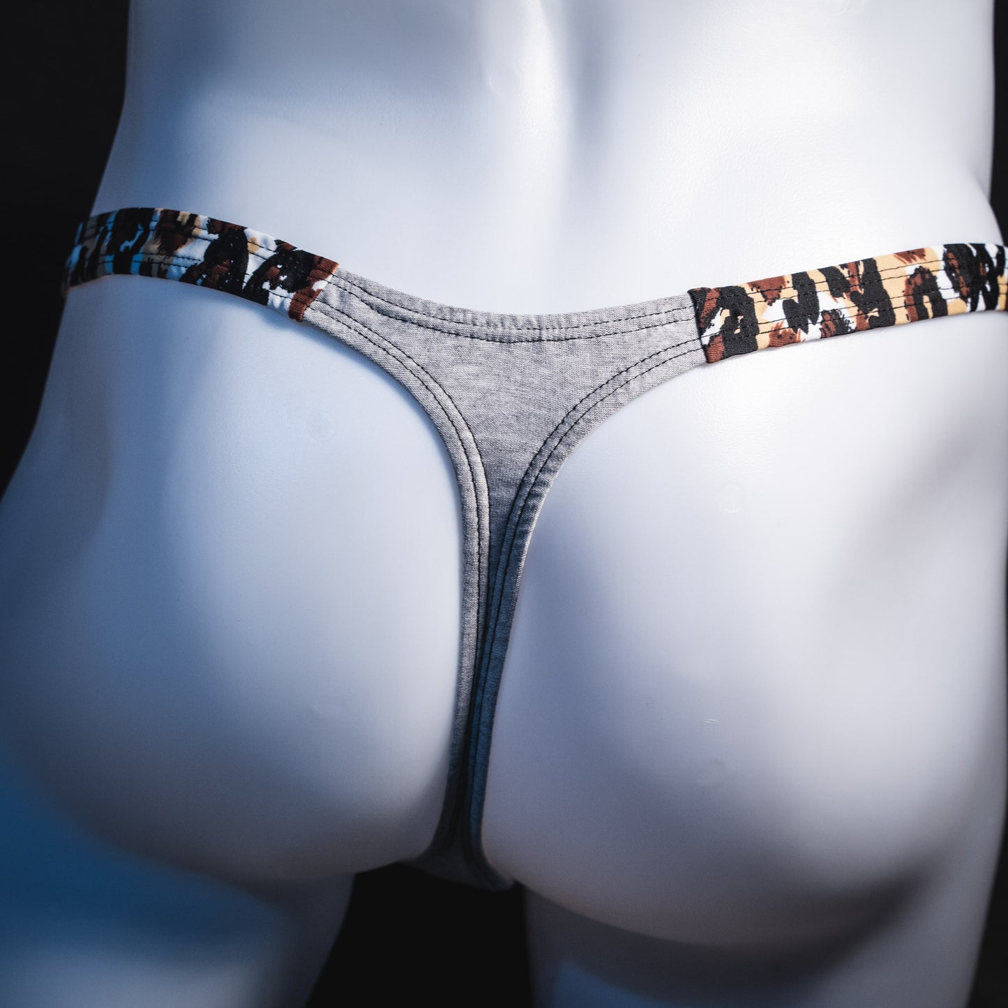 Men's Heather Gray and abstract leopard modal thong underwear, classic cut, Rear view