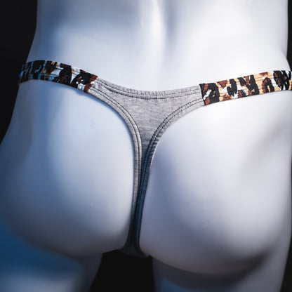 Men's Heather Gray and abstract leopard modal thong underwear, classic cut, Rear view
