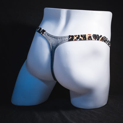 Men's Heather Gray and abstract leopard modal thong underwear, classic cut, Full angled rear view
