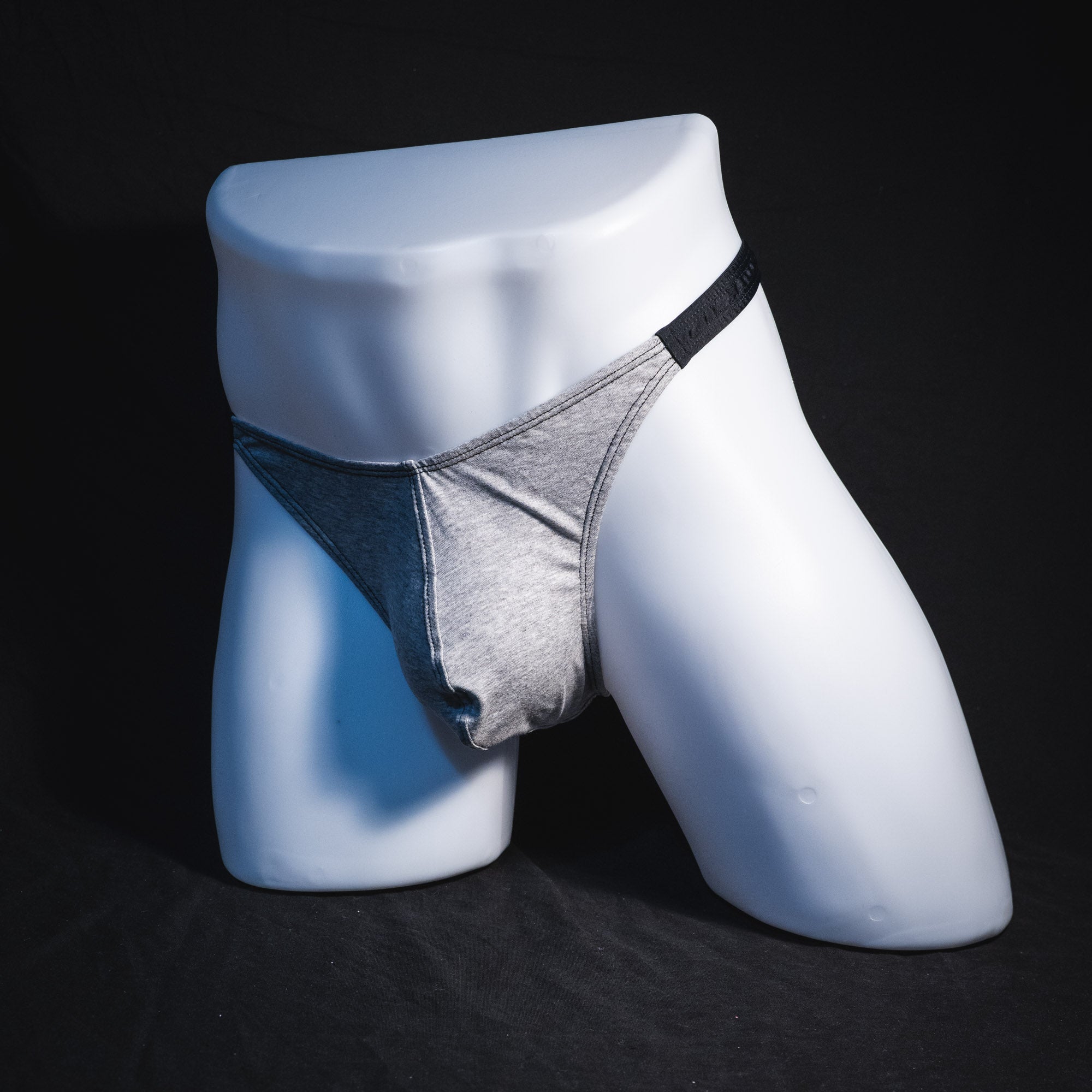 Men's gray modal thong underwear, classic cut, Full front angled view