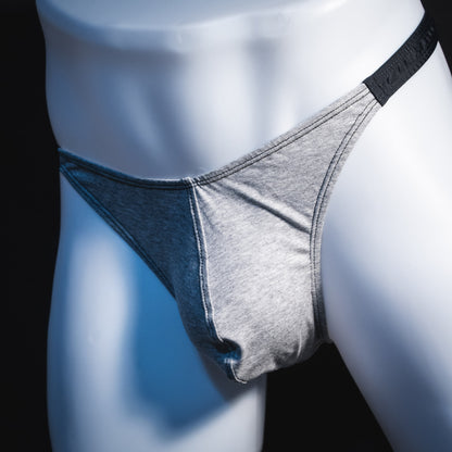 Men's gray modal thong underwear, classic cut, Front angled view
