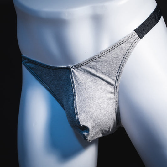 Men's gray modal thong underwear, classic cut, Front angled view