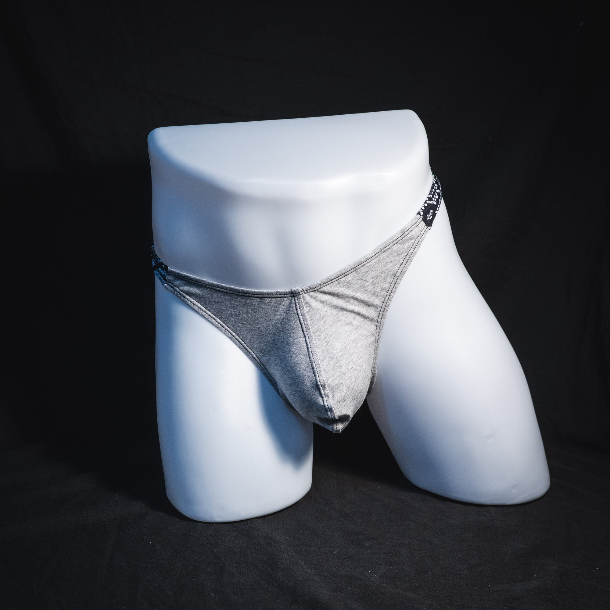 Men's Heather Gray with black and white snakeskin straps modal thong underwear, classic cut, Full front view