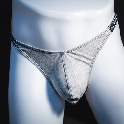 Men's Heather Gray with black and white snakeskin straps modal thong underwear, classic cut, Front view
