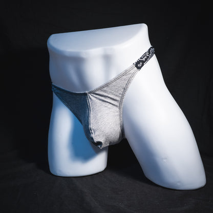 Men's Heather Gray with black and white snakeskin straps modal thong underwear, classic cut, Full front angled view
