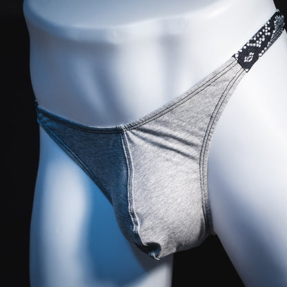 Men's Heather Gray with black and white snakeskin straps modal thong underwear, classic cut, Front angled view