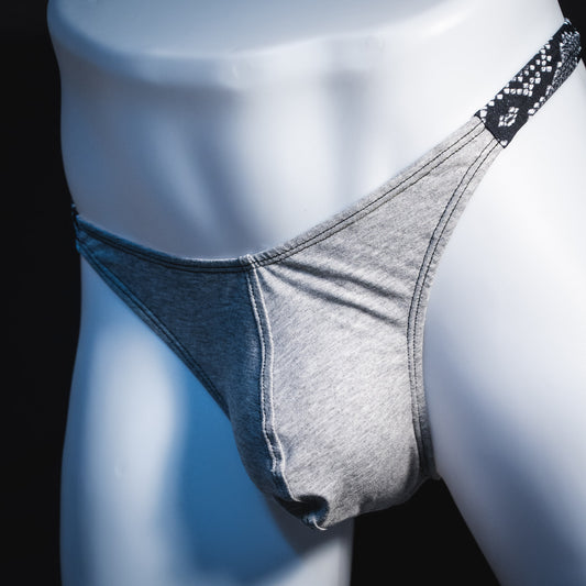 Men's Heather Gray with black and white snakeskin straps modal thong underwear, classic cut, Front angled view