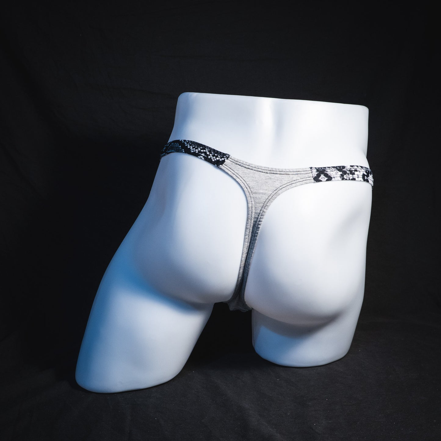 Men's Heather Gray with black and white snakeskin straps modal thong underwear, classic cut, Full rear view