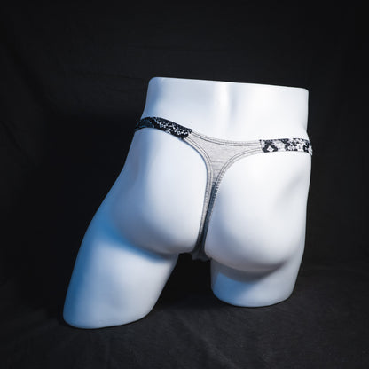 Men's Heather Gray with black and white snakeskin straps modal thong underwear, classic cut, Full rear view