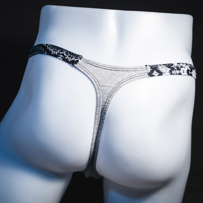 Men's Heather Gray with black and white snakeskin straps modal thong underwear, classic cut, Rear view