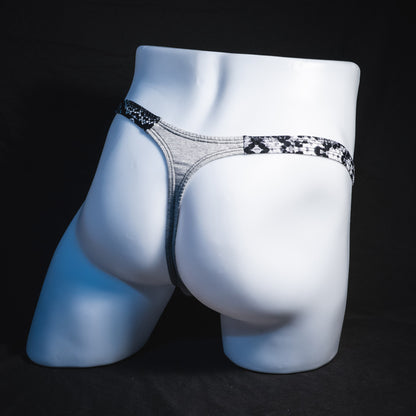 Men's Heather Gray with black and white snakeskin straps modal thong underwear, classic cut, Full rear angled view