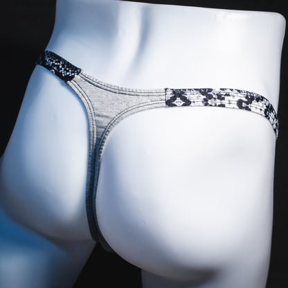 Men's Heather Gray with black and white snakeskin straps modal thong underwear, classic cut, Rear angled view