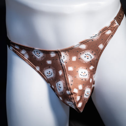 Men's hot chocolate snowmen themed thong underwear, classic cut, front view.
