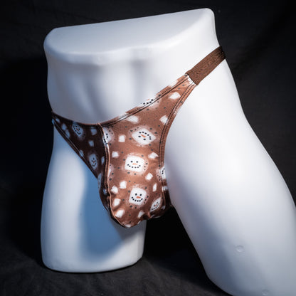 Men's hot chocolate snowmen themed thong underwear, classic cut, front view.