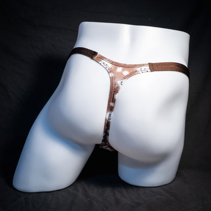 Men's hot chocolate snowmen themed thong underwear, classic cut, rear view.