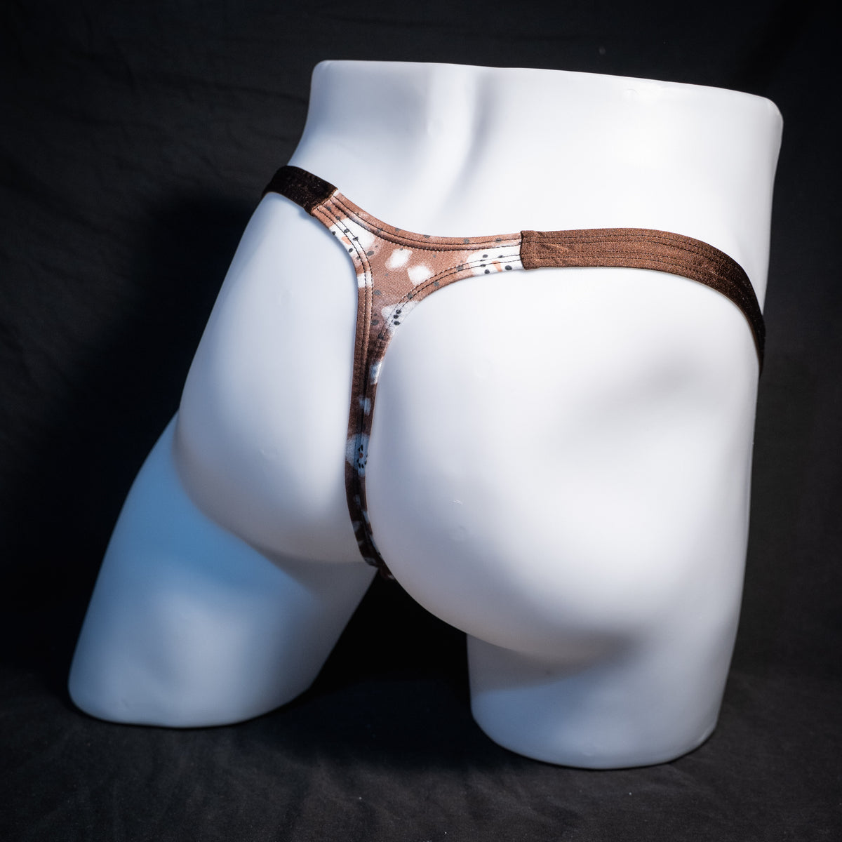 Men's hot chocolate snowmen themed thong underwear, classic cut, rear view.
