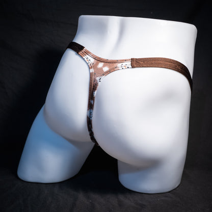Men's hot chocolate snowmen themed thong underwear, classic cut, rear view.