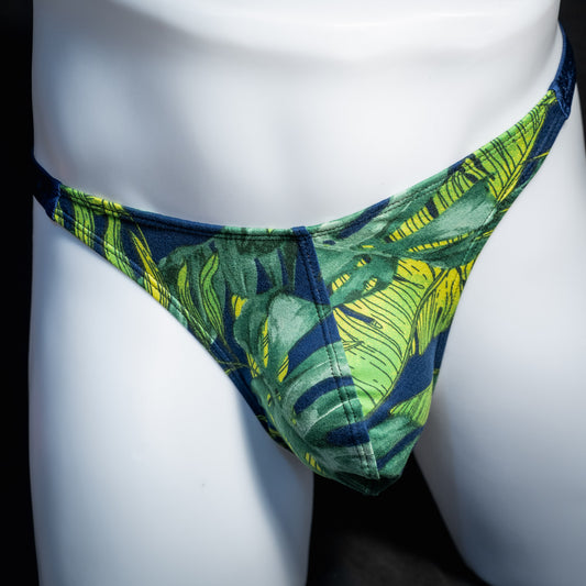 Men's jungle leaves thong underwear, classic cut, front view.