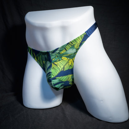 Men's jungle leaves thong underwear, classic cut, front view.
