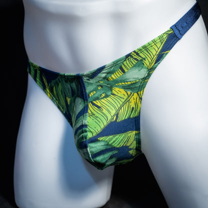 Men's jungle leaves thong underwear, classic cut, front view.