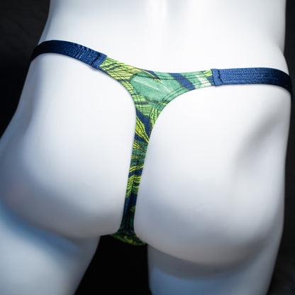 Men's jungle leaves thong underwear, classic cut, rear view.
