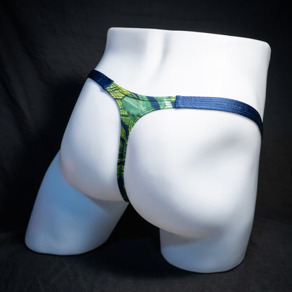 Men's jungle leaves thong underwear, classic cut, rear view.