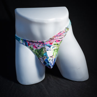 Men's jungle pattern thong underwear, classic cut, front view.