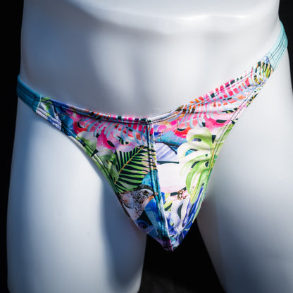 Men's jungle pattern thong underwear, classic cut, front view.