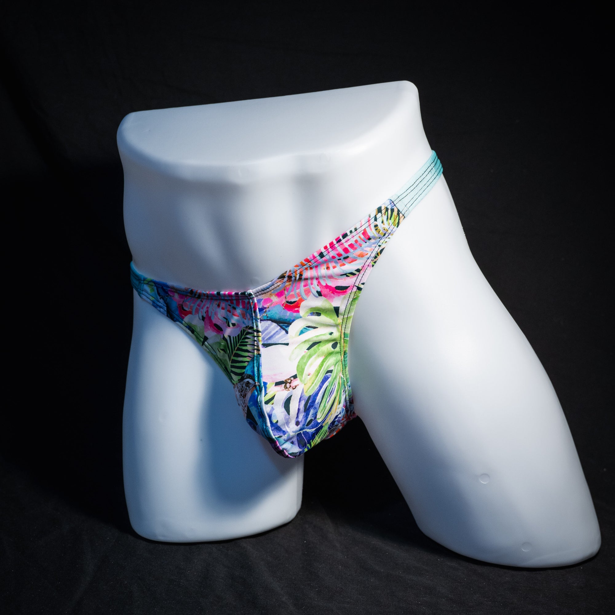 Men's jungle pattern thong underwear, classic cut, front view.