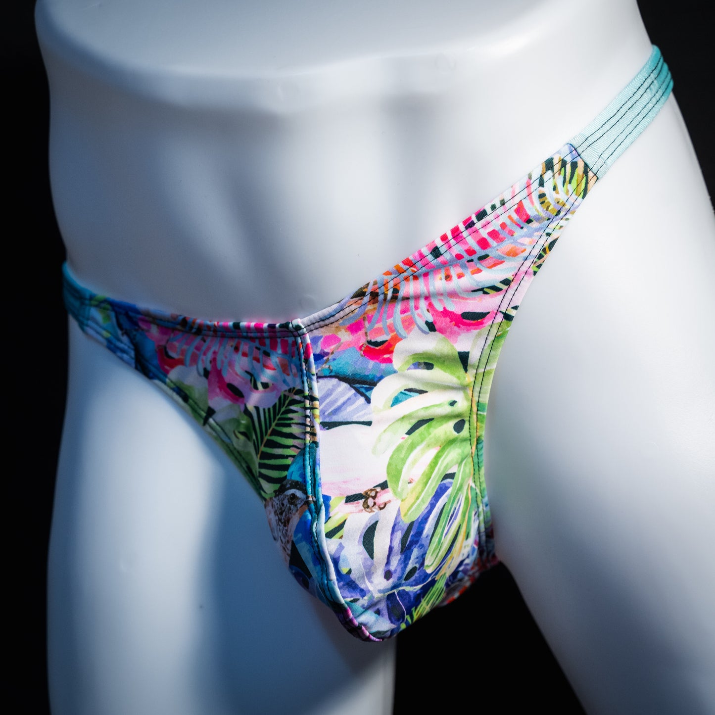 Men's jungle pattern thong underwear, classic cut, front view.