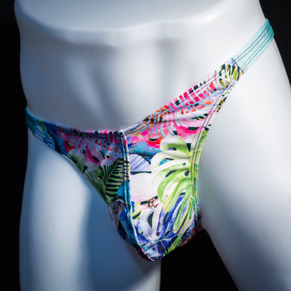 Men's jungle pattern thong underwear, classic cut, front view.