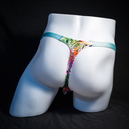 Men's jungle pattern thong underwear, classic cut, rear view.