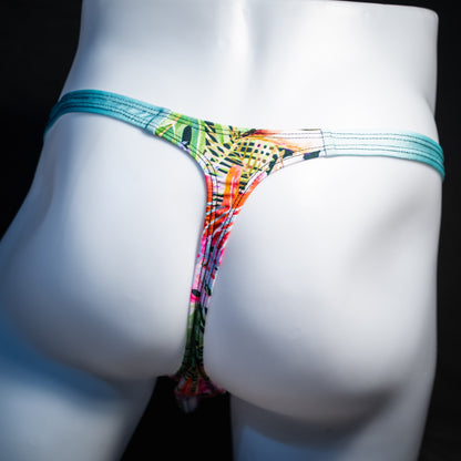 Men's jungle pattern thong underwear, classic cut, rear view.