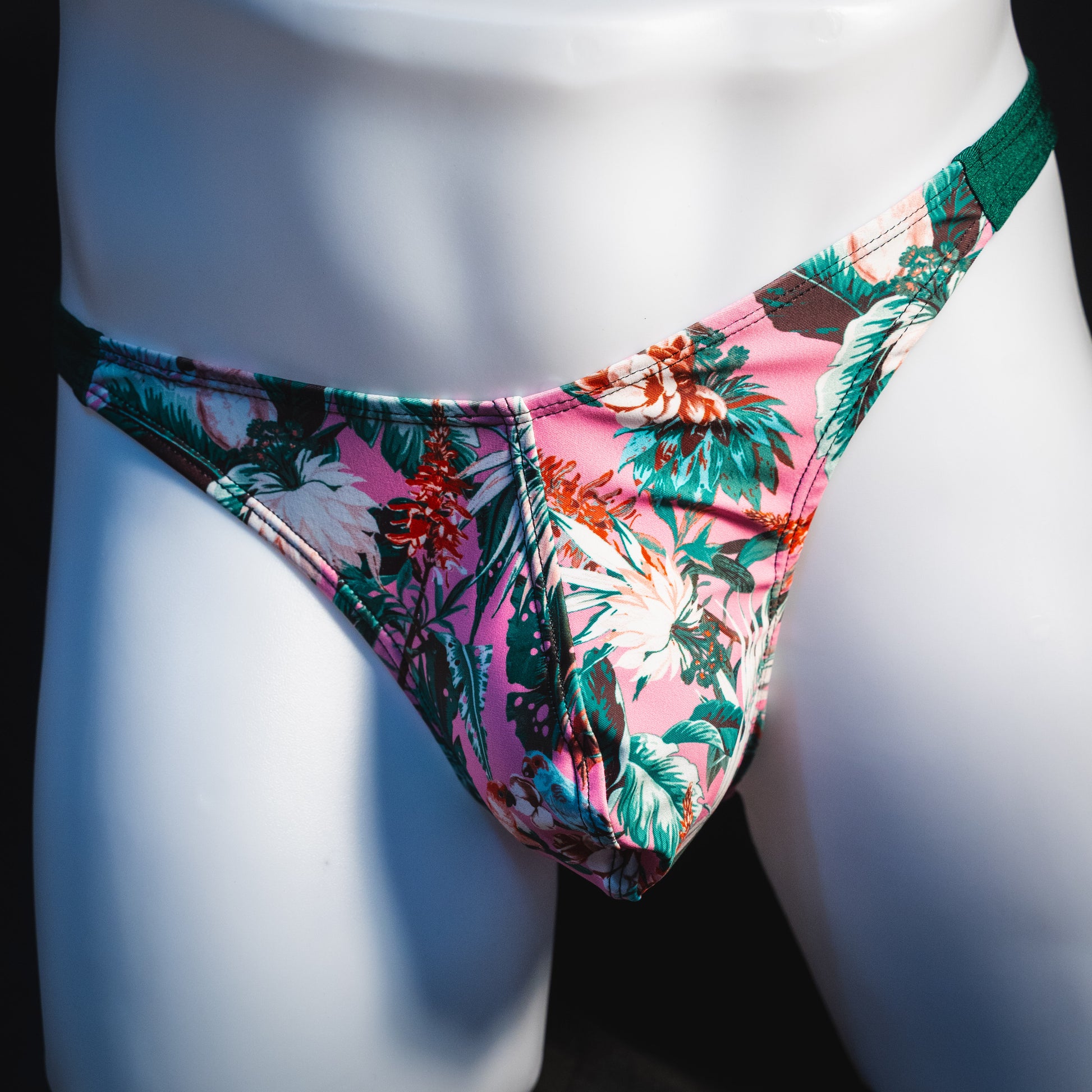 Men's jungle surge thong underwear, classic cut, front view.