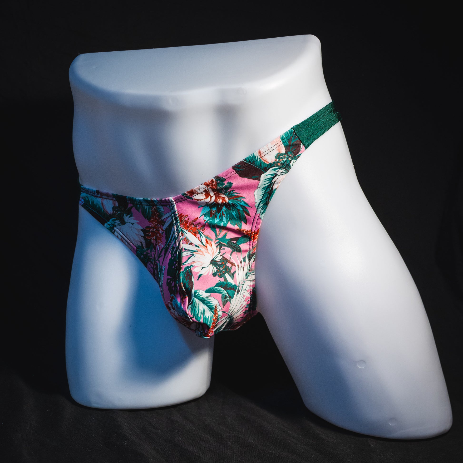 Men's jungle surge thong underwear, classic cut, full angled front view.